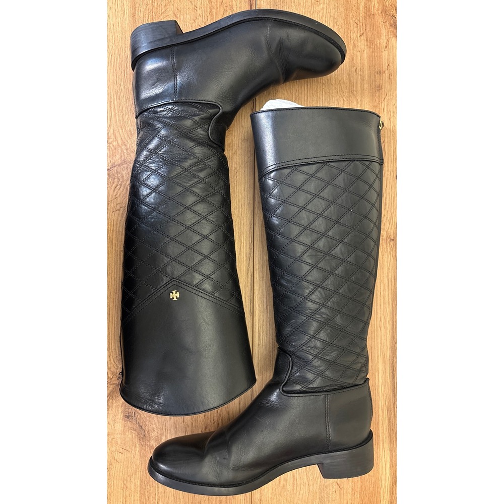 TORY BURCH Claremont Riding Boots Womens Black Size 8.5 Quilted Leather Back Zip - Picture 7 of 13